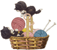 Chatons - Panier de pelotes de laines - Бесплатный анимированный гифка