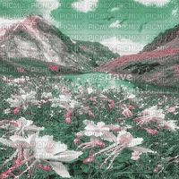soave background animated  flowers field montain - 無料のアニメーション GIF