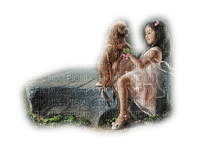 flicka och hund sitter på en stor sten block - gratis png