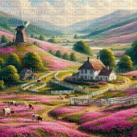Beautiful Pink Farm Landscape with Windmill - png gratis