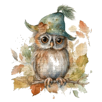 chouette, aquarelle, owl, watercolor, autumn, - Free animated GIF