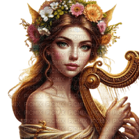 fantasy woman harp gold flowers - Free PNG