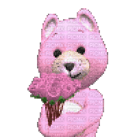 Rosa Bär mit Blumen - Gratis animeret GIF