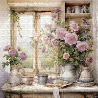 window pink beige flowers background - Free PNG