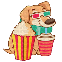 Dog watching a movie with popcorn drink 3D glasses - GIF animado grátis