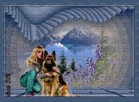 färdig bg-blå-kvinna-hund-landskap - gratis png