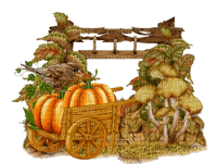 Herbst, Vogel, Schubkarre, Kürbisse, Pilze - zdarma png