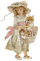 Little Vintage Girl with Basket of Kittens - Free animated GIF