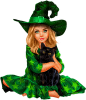 Girl.Witch.Child.Cat.Halloween.Green.Black - png gratuito