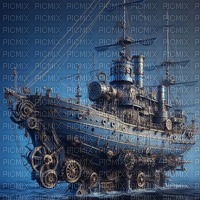 Steampunk Navy Blue Ship - Free PNG