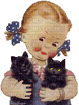 Little Girl Femme with 2 Black Cats Chats Kittens - Gratis geanimeerde GIF