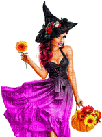 Woman.Witch.Flowers.Halloween.Black.Purple - Free PNG