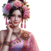 asian woman pink roses - PNG gratuit