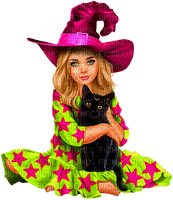 Girl.Witch.Child.Cat.Halloween.Pink.Green.Black - PNG gratuit