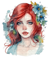 woman painting blue flowers redhead - gratis png