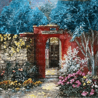fondo  jardin azul rojo  blanco gif dubravka4 - GIF animado grátis