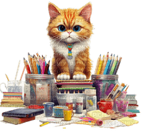 school, cat, crayons, école, chat, crayons - zdarma png
