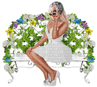 kvinna--sitter-bänk-blommor - png gratuito