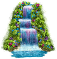 Waterfall.Flowers.Grass.Blue.Green.Pink.Purple - gratis png
