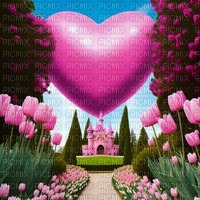 Pink Castle with Tulips and a Giant Heart - Free PNG