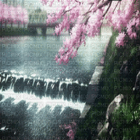 paysage landscape  fond background pink summer ete  blossom spring  printemps frühling primavera весна wiosna tree arbre river fluss flow rivière riviere  gif anime animated animation - GIF animé gratuit