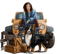 Woman, car, dog. Leila - png gratuito