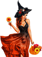 Woman.Witch.Flowers.Halloween.Black.Orange - Free PNG