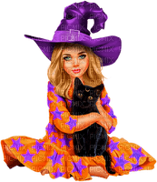 Girl.Witch.Child.Cat.Halloween.Purple.Orange.Black - Free PNG