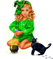 Girl.Witch.Magic.Halloween.Cat.Child.Green.Black - Free PNG