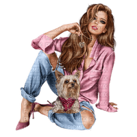 Woman with her dog. Pink and blue. Leila - kostenlos png