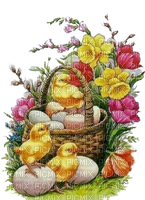 Ostern, Eierkorb, Küken, Blumen - zadarmo png