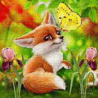 Cute little fox and butterfly flowers - Gratis animerad GIF