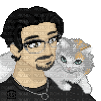 Man with glasses and cat on shoulder - Ingyenes animált GIF