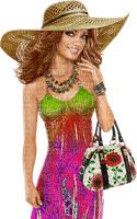 Woman with hat and summer dress. Handbag. Leila - png gratis