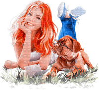 soave woman girl dog book spring summer blue - Free PNG