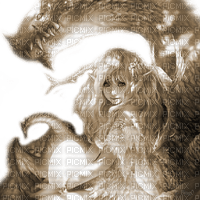 Y.A.M._Fantasy anime girl dragons sepia - Free PNG