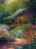 cottage rain garden animated background - Бесплатни анимирани ГИФ