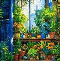 blue window plants background - PNG gratuit