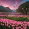 Pink Daffodils and Mountains Landscape - nemokama png animuotas GIF