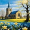 Spring Church with Blue and Yellow Daffodils - GIF animé gratuit