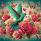 animated bird teal pink background roses - GIF animé gratuit GIF animé